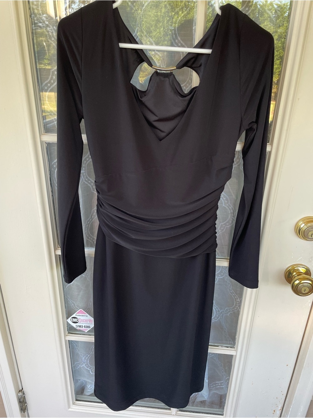 White House Black Market Black Cutout Back Dress Sz 8 Gold Detail